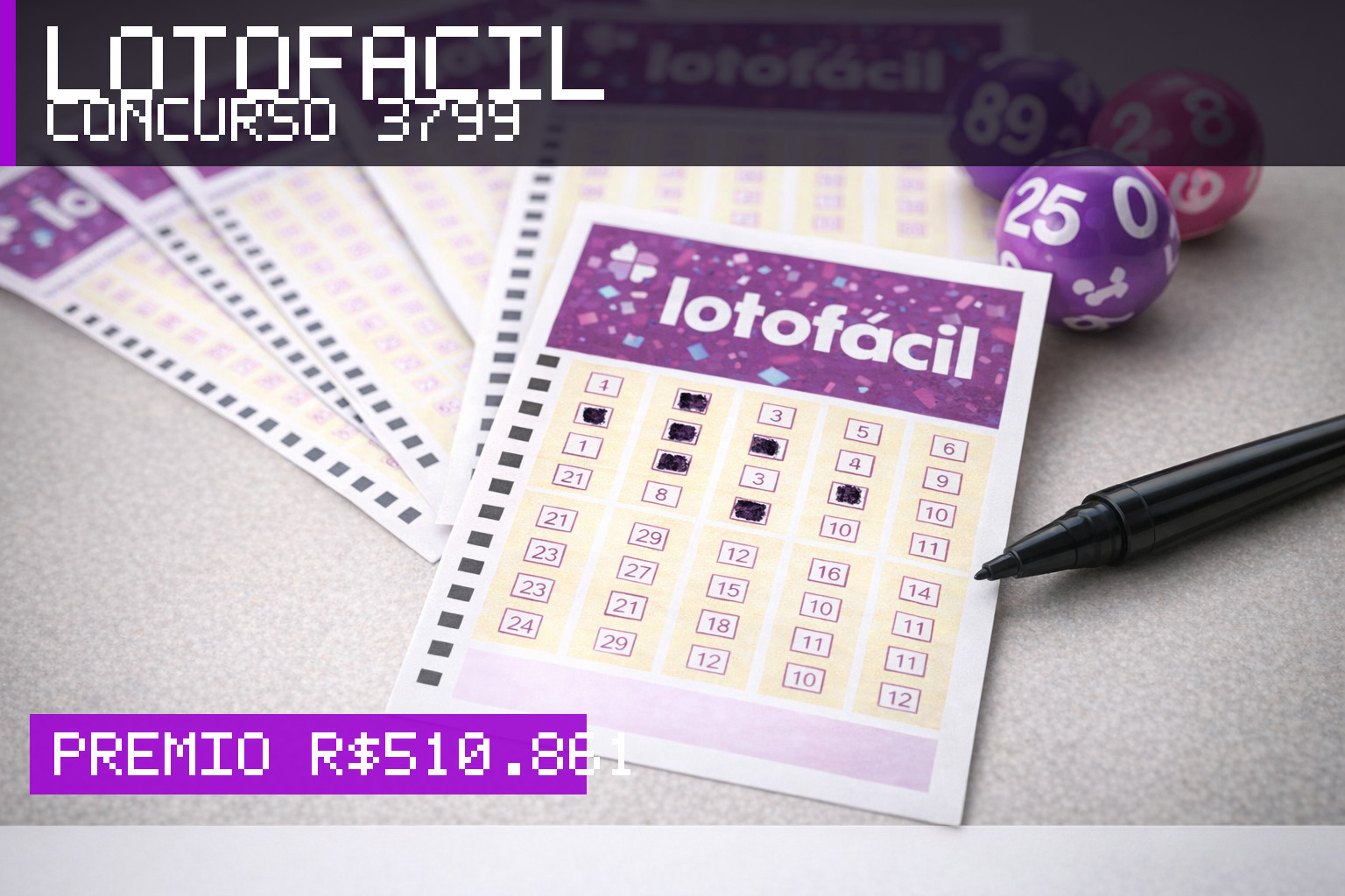 Resultado da Lotofácil, concurso 3799: prêmio r$ 510.861