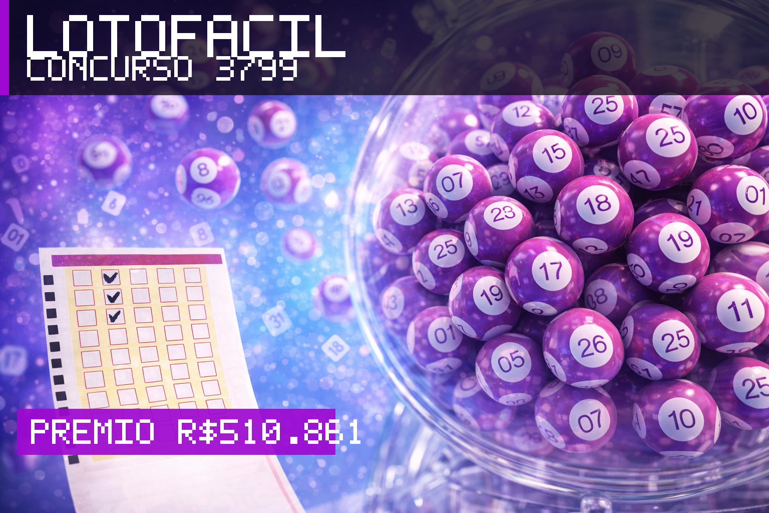 Resultado da Lotofácil, concurso 3799: prêmio r$ 510.861