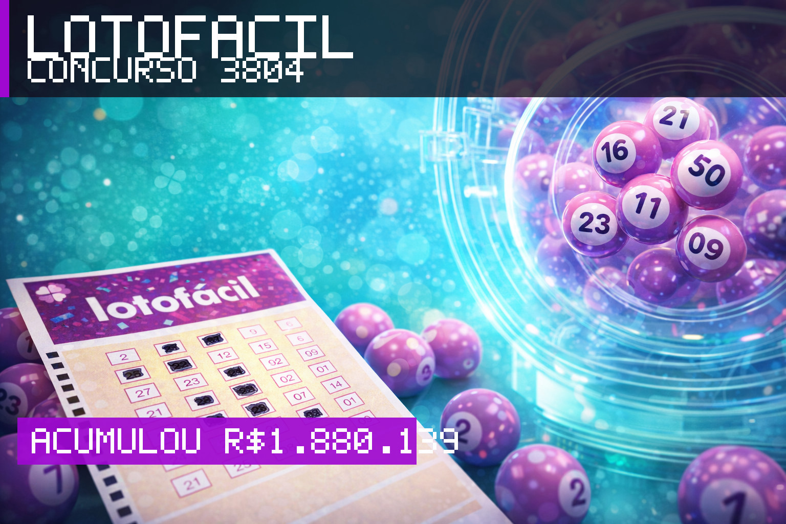 Resultado da Lotofácil, concurso 3804: acumulou r$ 1.880.139