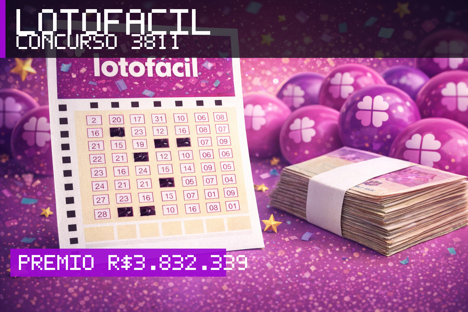 Resultado da Lotofácil, concurso 3811: prêmio r$ 3.832.339