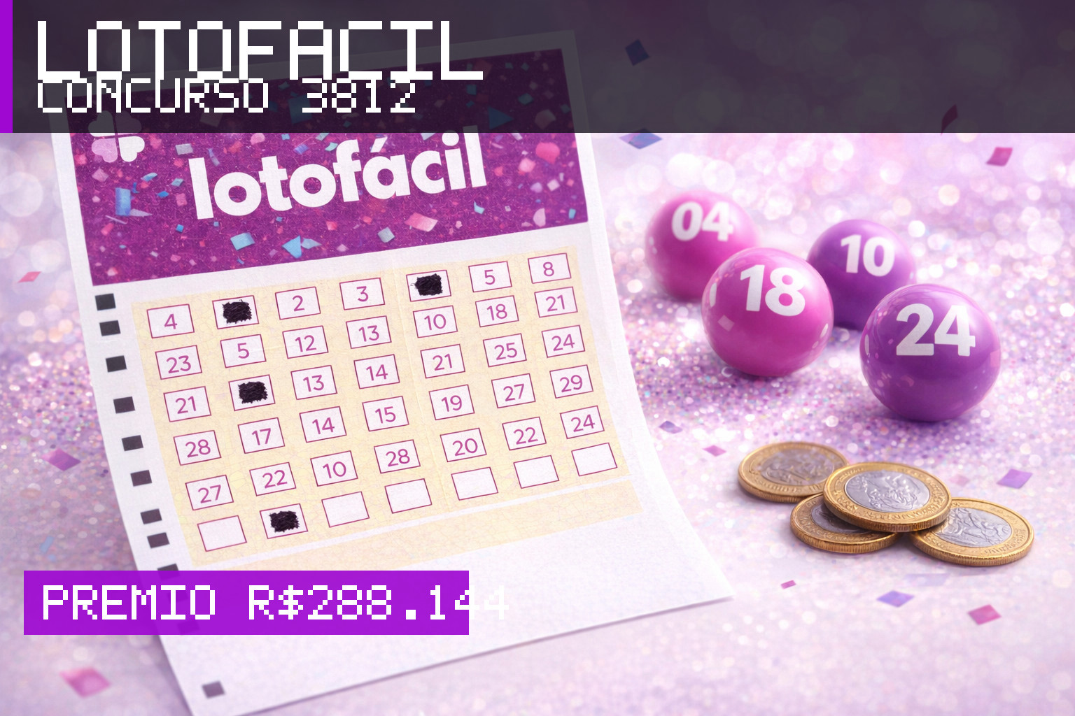 Resultado da Lotofácil, concurso 3812: prêmio r$ 288.144