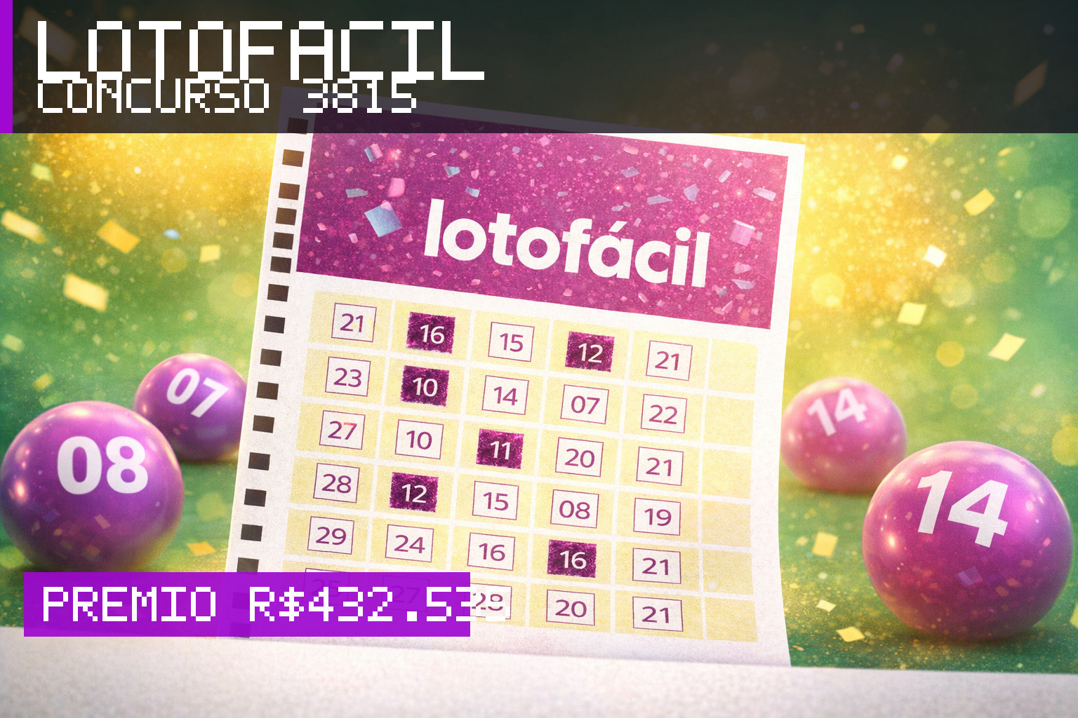 Resultado da Lotofácil, concurso 3815: prêmio r$ 432.535