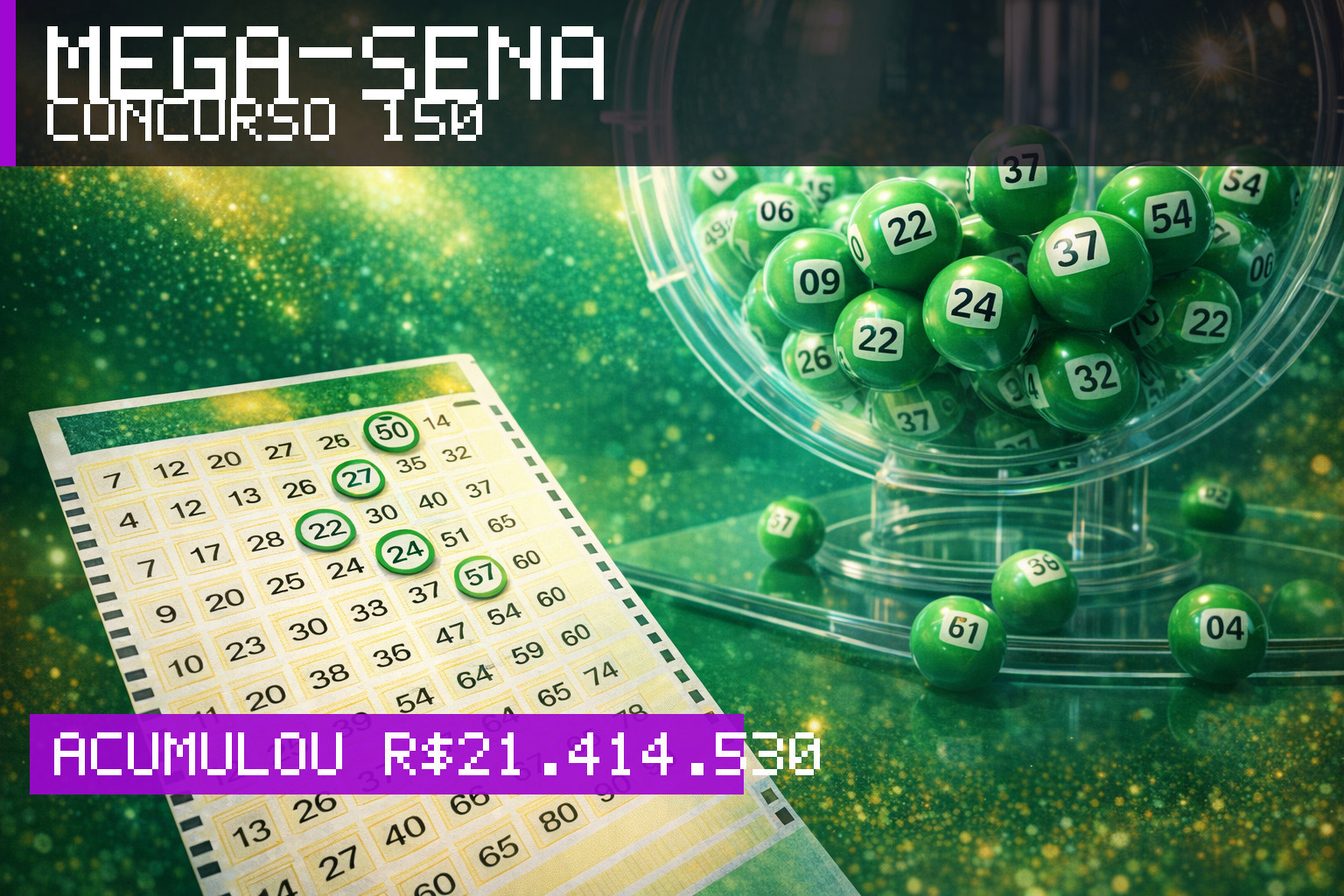 Resultado da Mega-Sena, concurso 150: acumulou r$ 21.414.530