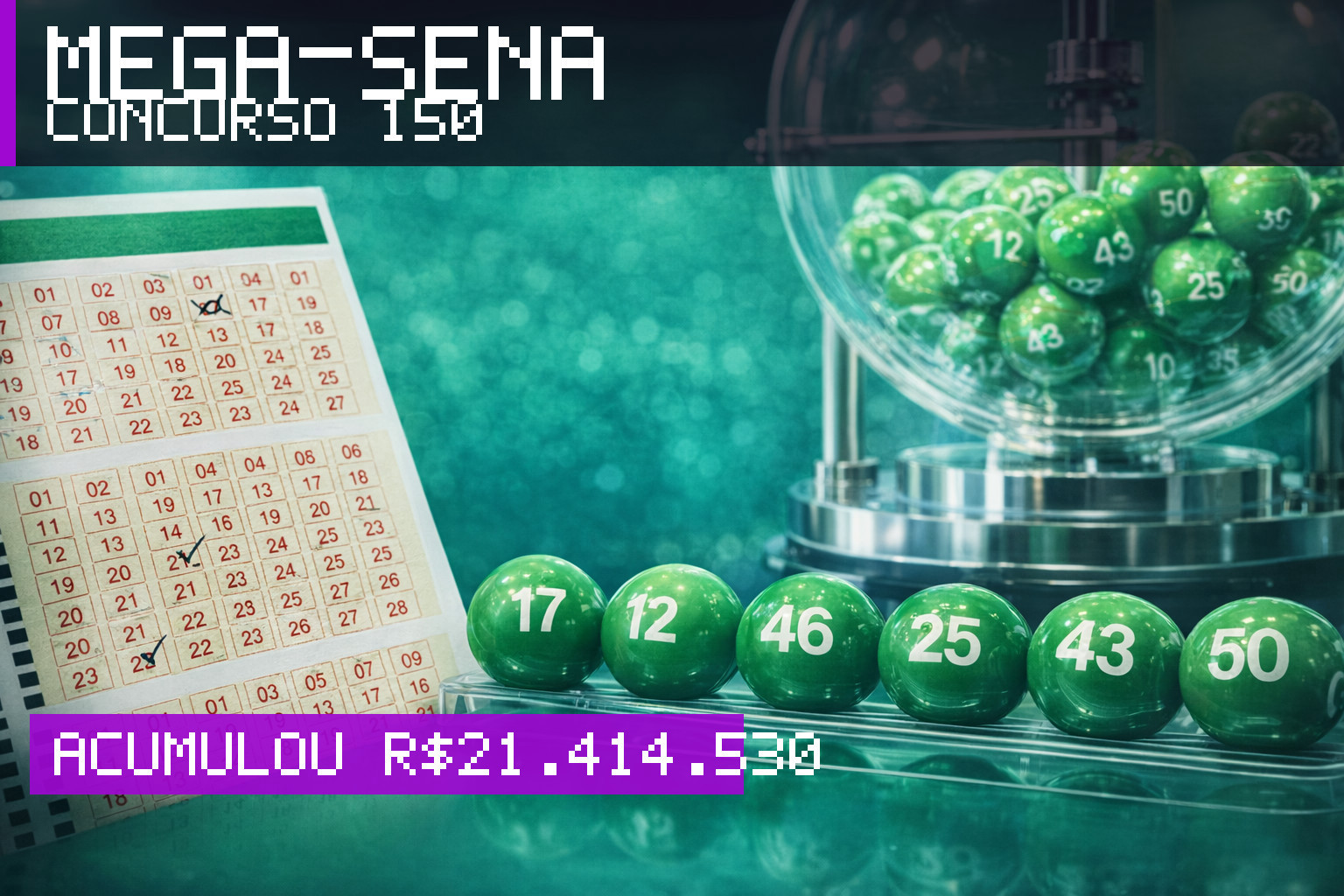Resultado da Mega-Sena, concurso 150: acumulou r$ 21.414.530