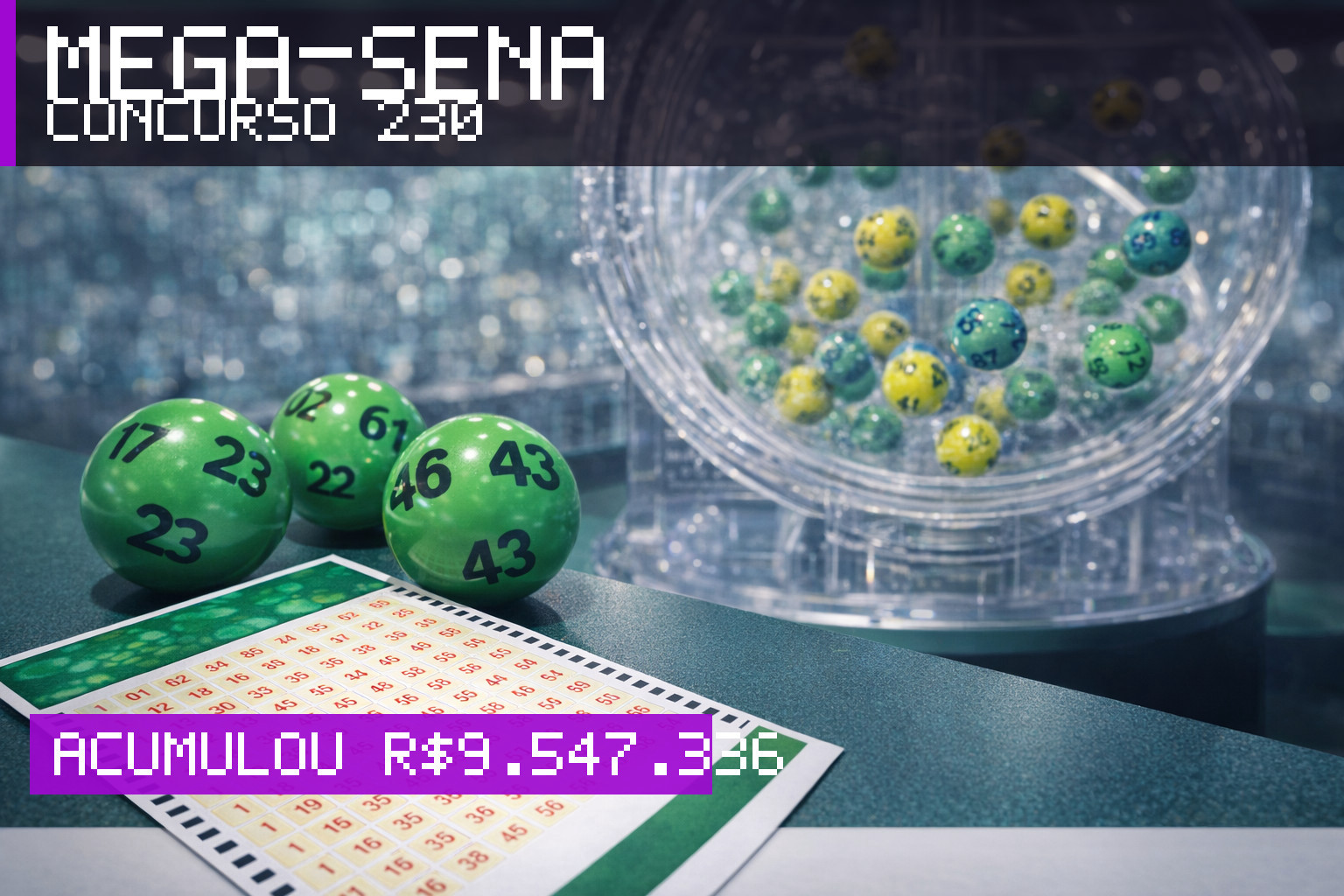 Resultado da Mega-Sena, concurso 230: acumulou r$ 9.547.336