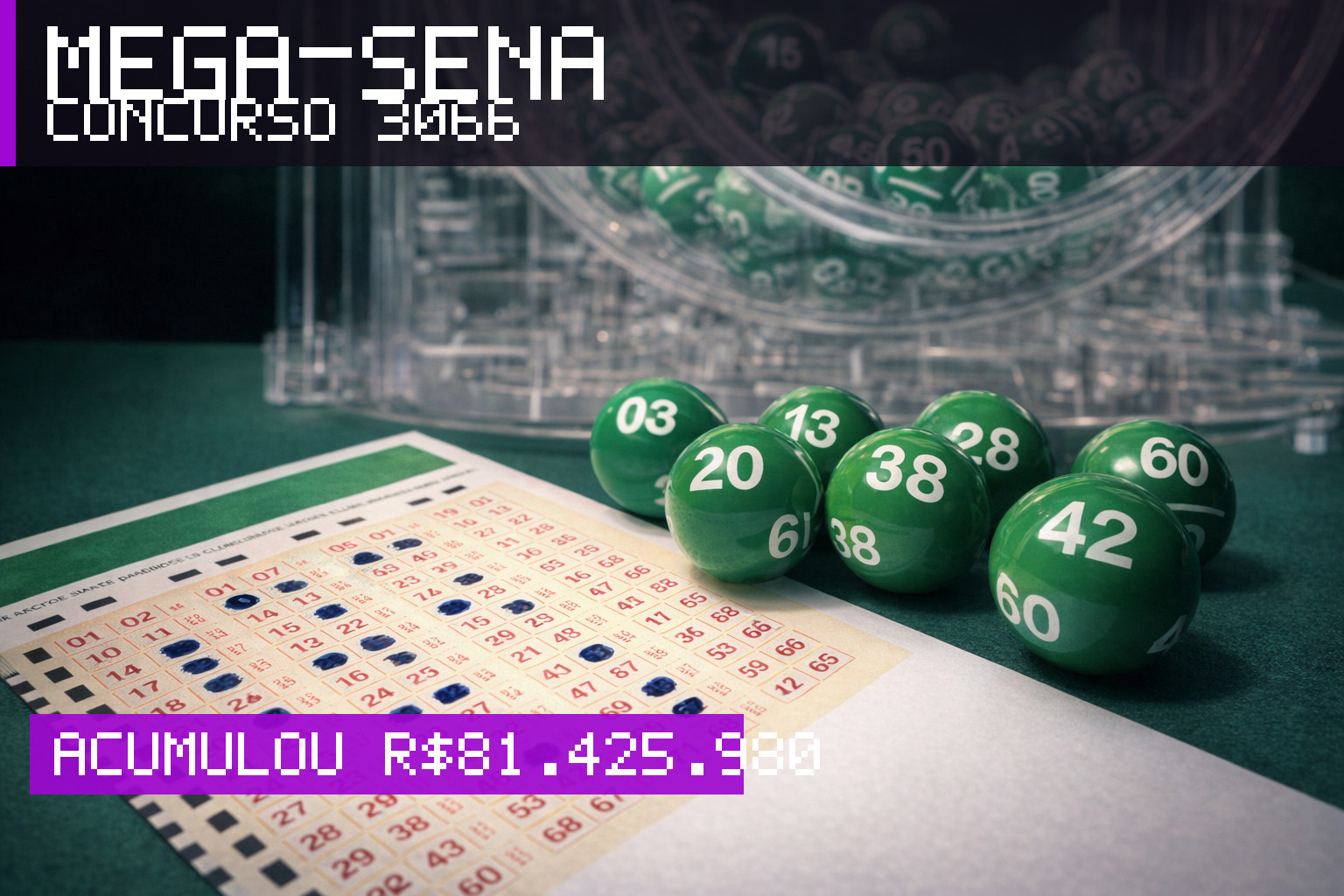 Resultado da Mega-Sena, concurso 3066: acumulou r$ 81.425.980
