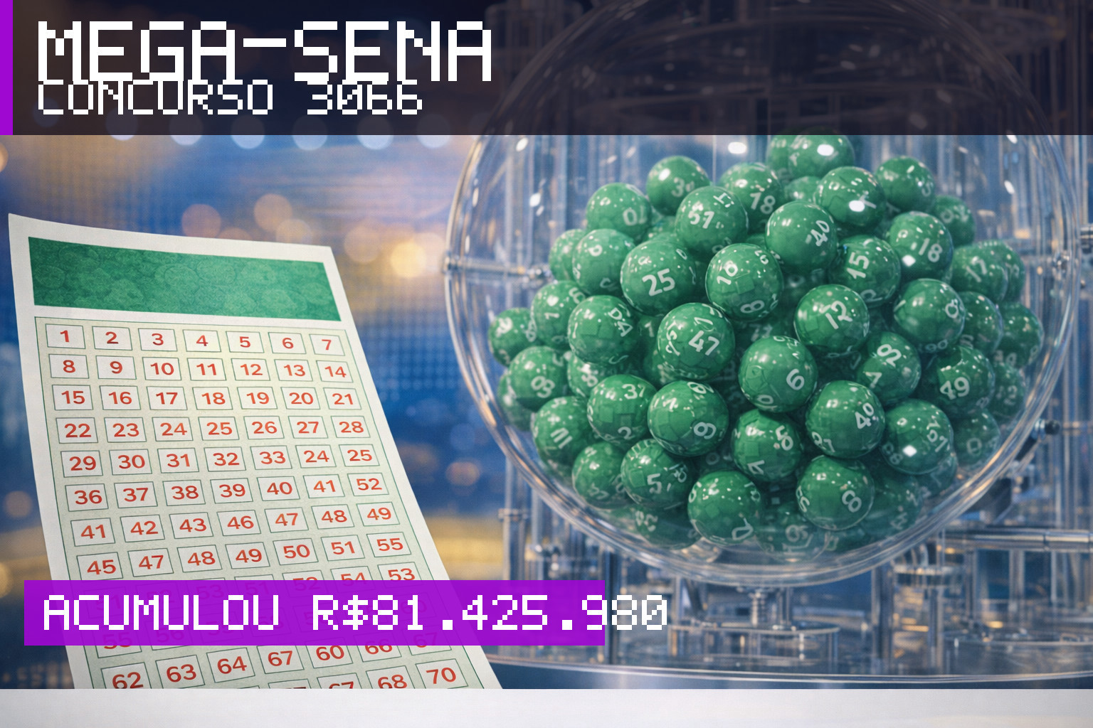 Resultado da Mega-Sena, concurso 3066: acumulou r$ 81.425.980