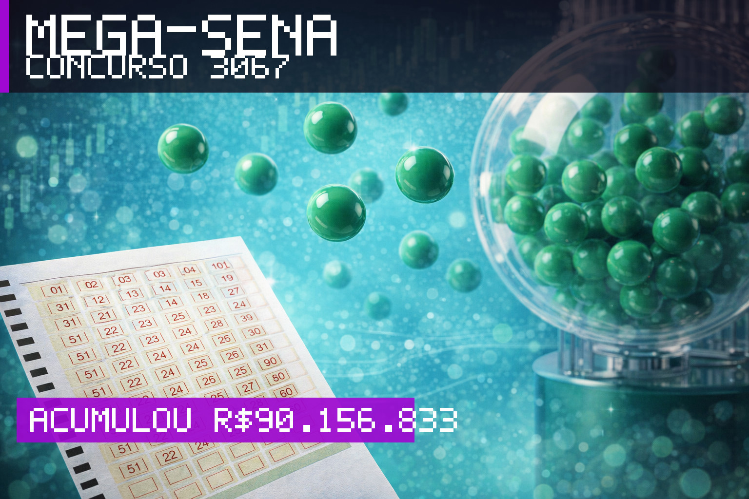 Resultado da Mega-Sena, concurso 3067: acumulou r$ 90.156.833
