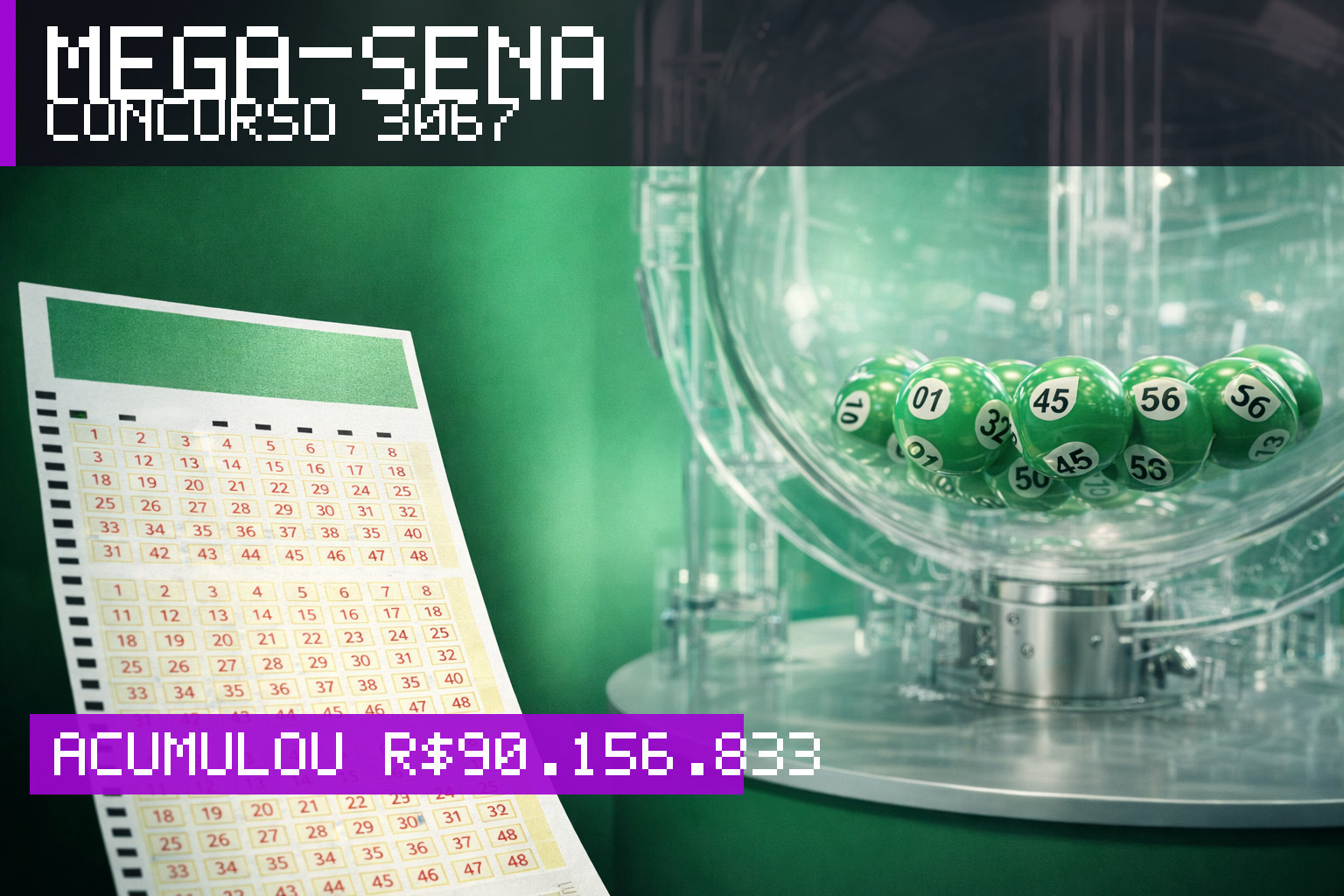Resultado da Mega-Sena, concurso 3067: acumulou r$ 90.156.833