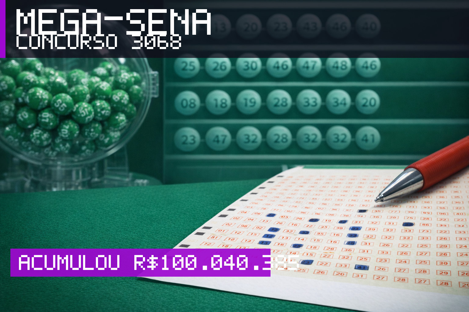 Resultado da Mega-Sena, concurso 3068: acumulou r$ 100.040.385