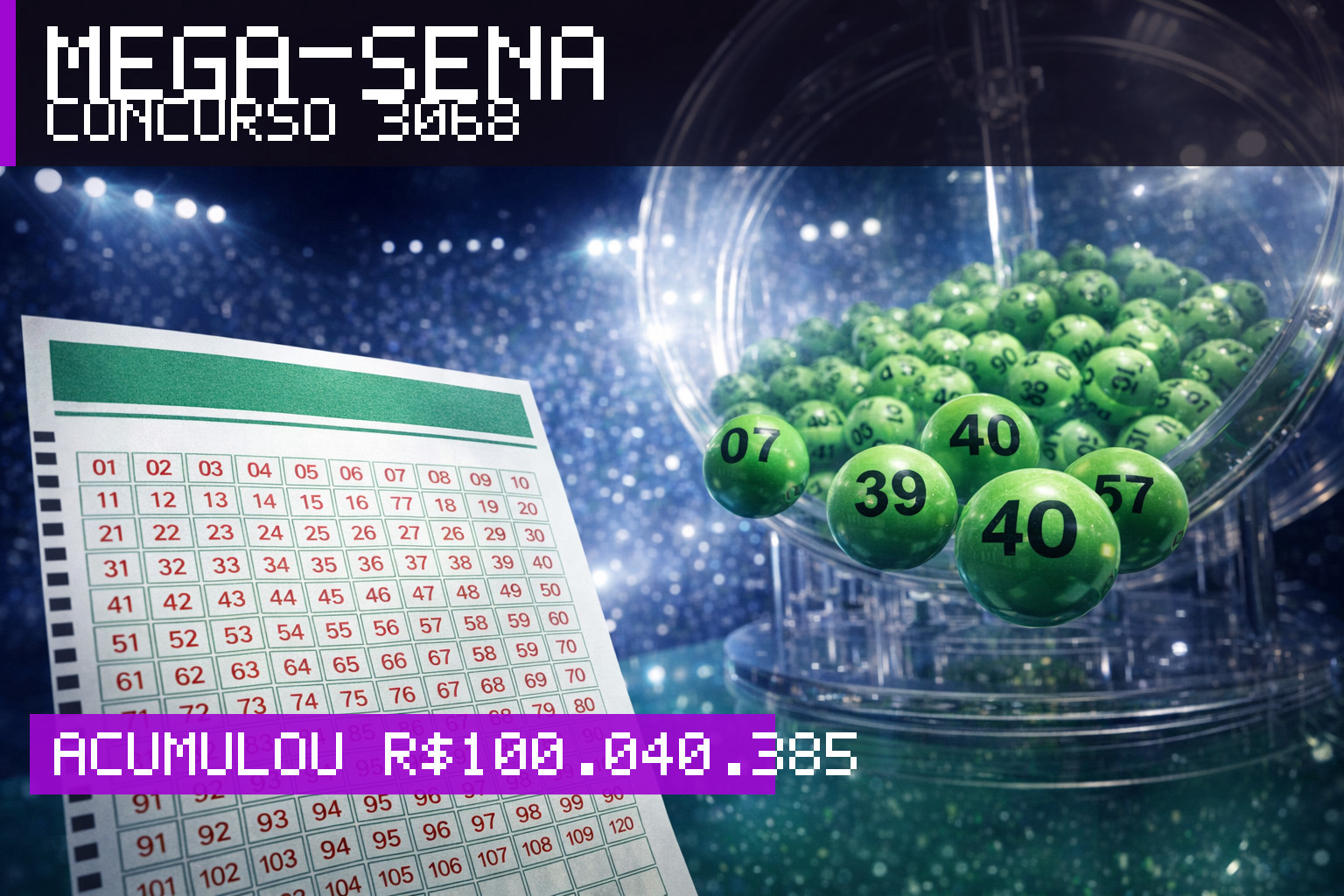 Resultado da Mega-Sena, concurso 3068: acumulou r$ 100.040.385