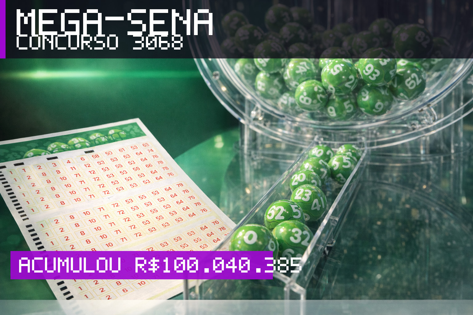 Resultado da Mega-Sena, concurso 3068: acumulou r$ 100.040.385