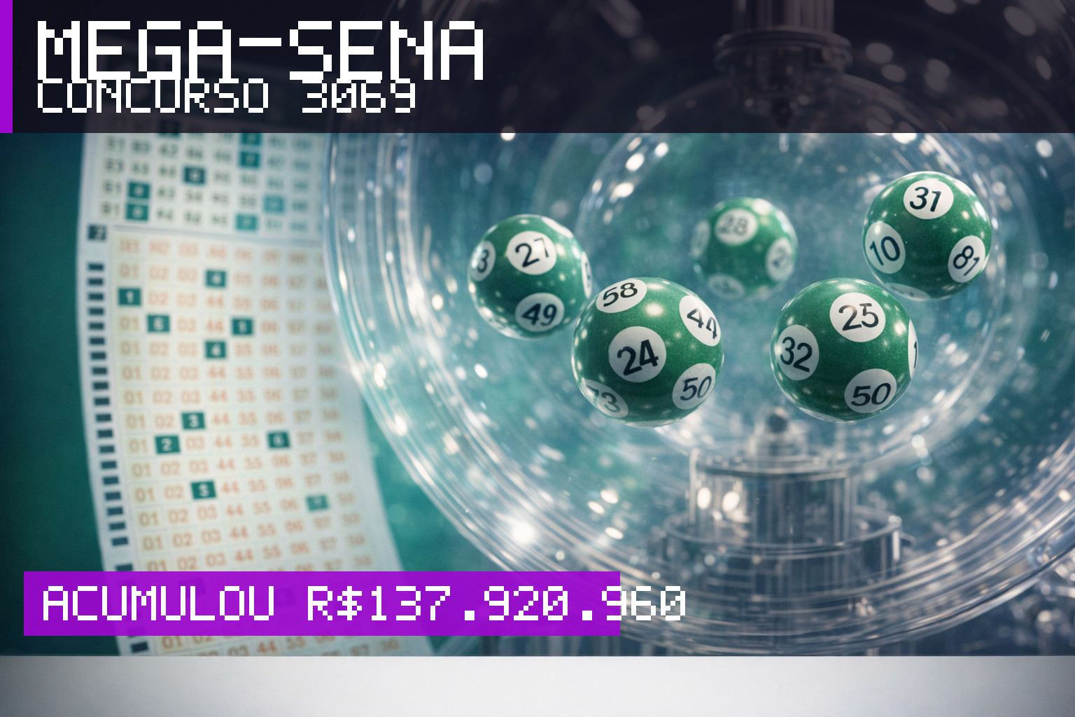 Resultado da Mega-Sena, concurso 3069: acumulou r$ 137.920.960