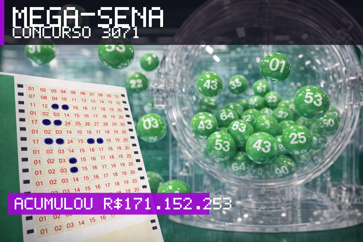 Resultado da Mega-Sena, concurso 3071: acumulou r$ 171.152.253