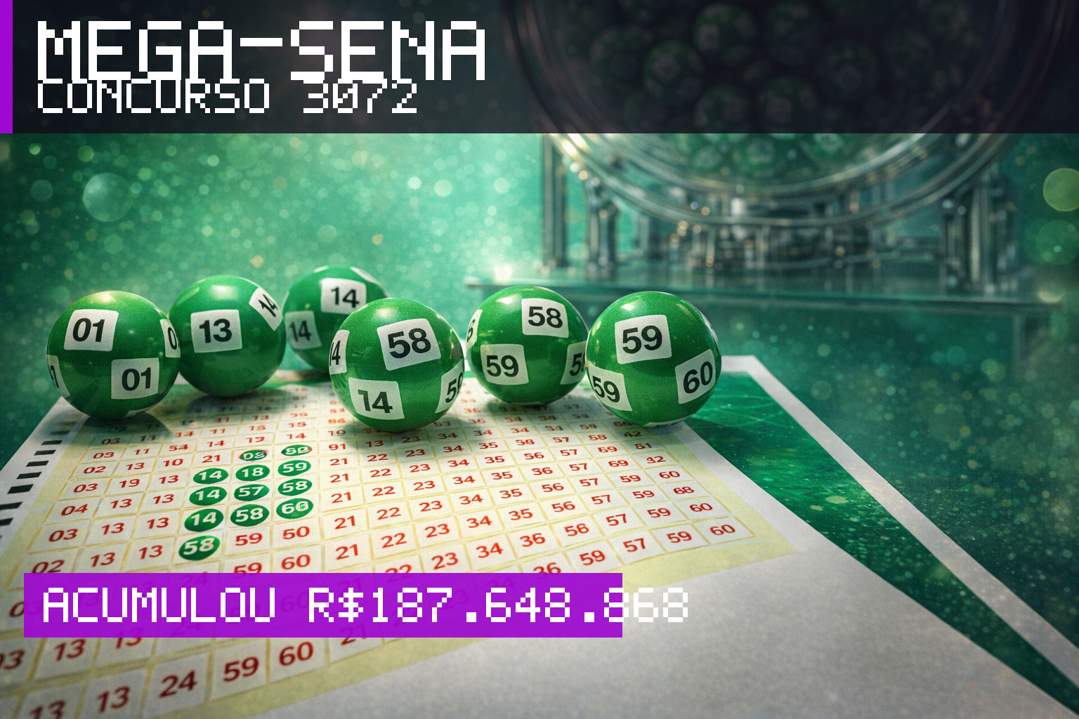 Resultado da Mega-Sena, concurso 3072: acumulou r$ 187.648.868