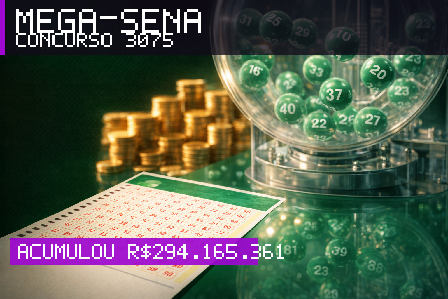 Resultado da Mega-Sena, concurso 3075: acumulou r$ 294.165.361