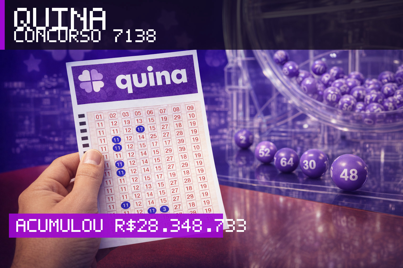 Resultado da Quina, concurso 7138: acumulou r$ 28.348.733