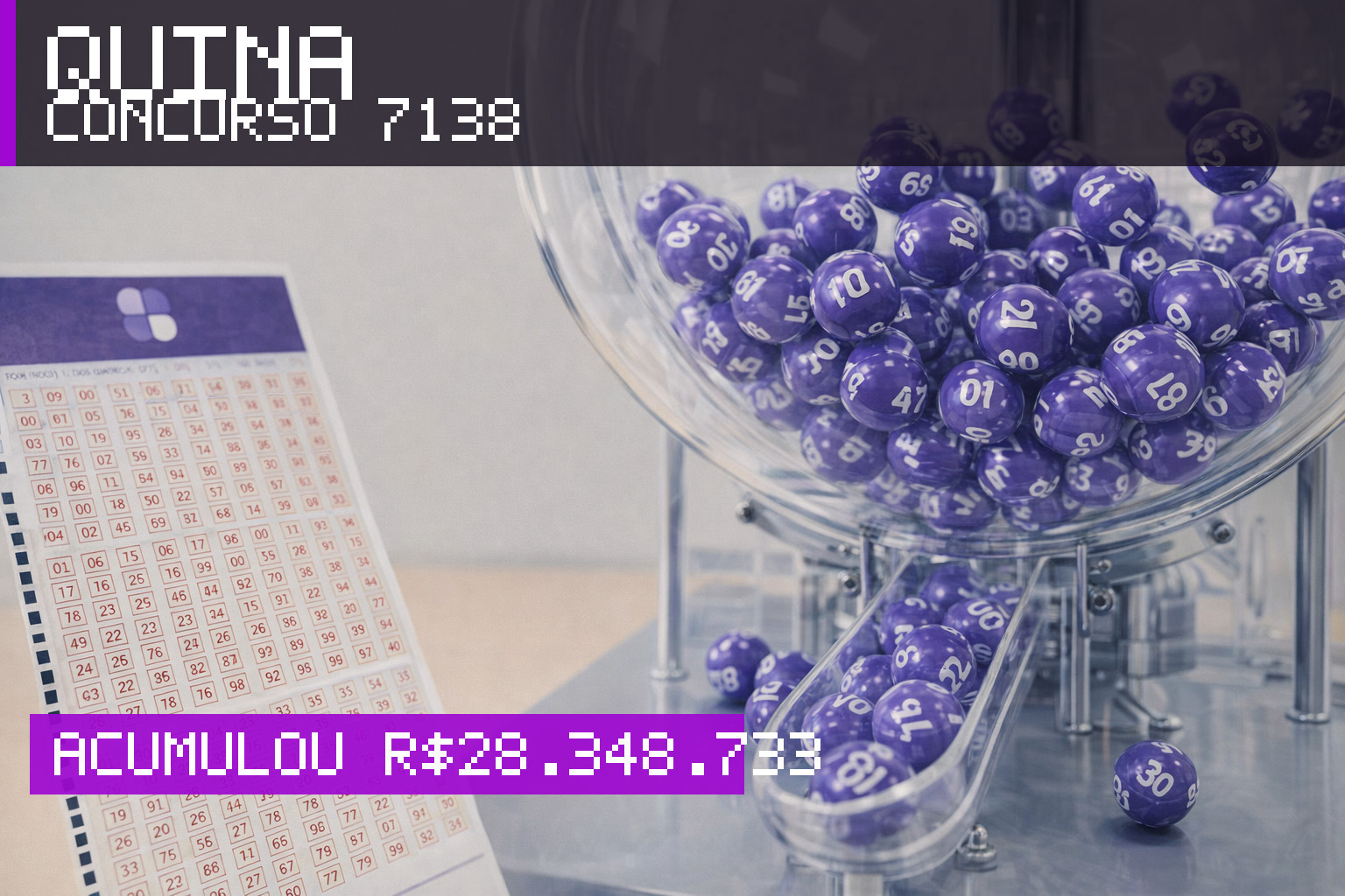 Resultado da Quina, concurso 7138: acumulou r$ 28.348.733